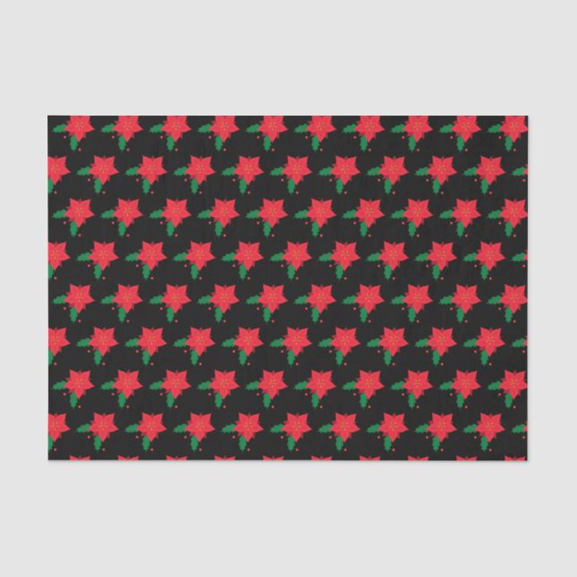 Poinsettia Rotweihnachtsmuster auf schwarzer Blume Seidenpapier (Vorderseite)