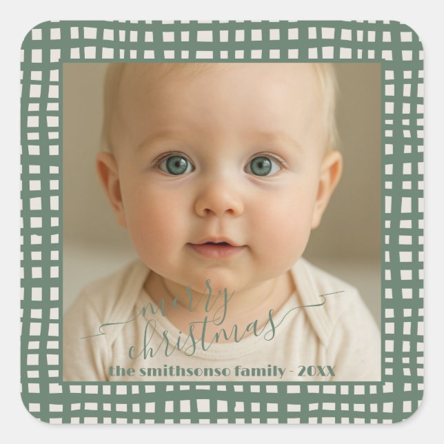 Poinsettia Sage Green Ivory Christmas baby Photo Quadratischer Aufkleber (Vorderseite)