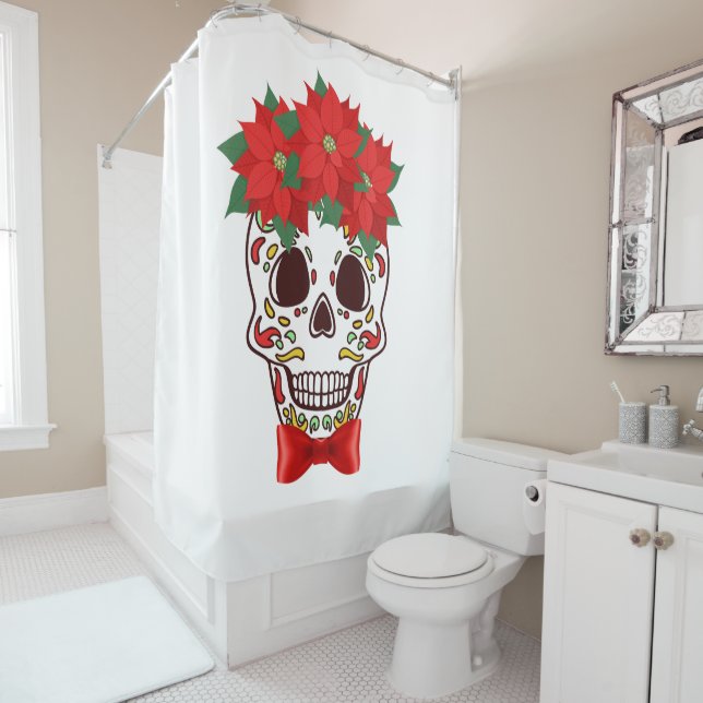 Poinsettia Sugar Skull Weihnachten Duschvorhang (Beispiel)
