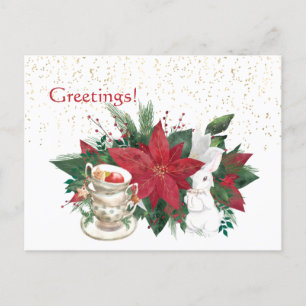 Poinsettia-Teetassen-Hase Weihnachten Postkarte