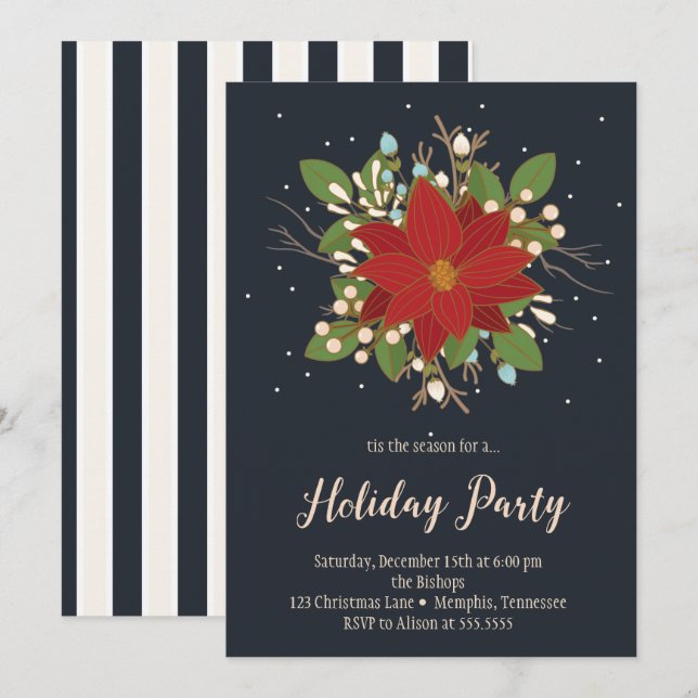 Poinsettia und Berries Holiday Party Einladung (Vorne/Hinten)