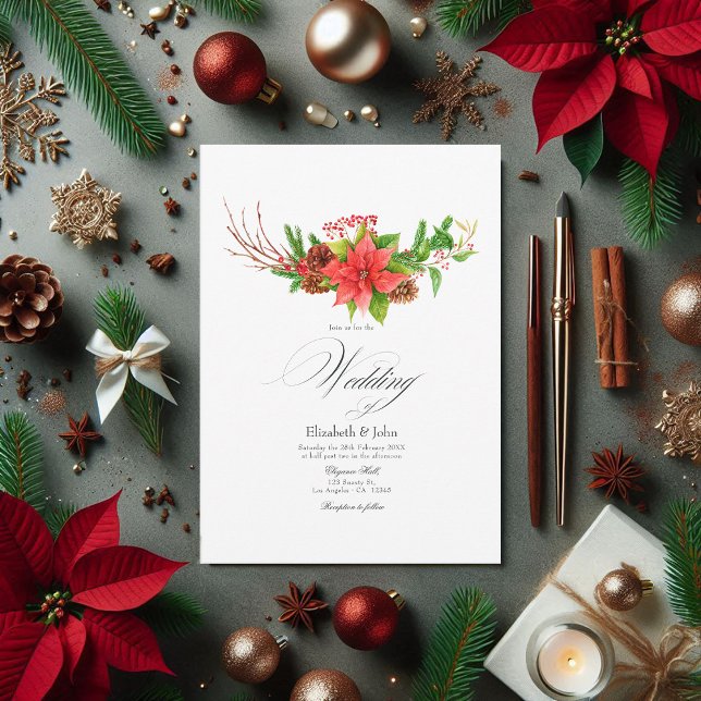 Poinsettia und der Weihnachtsarm der Kiefer Einladung (Poinsettia and Pine Christmas Wedding Charm Invitation)