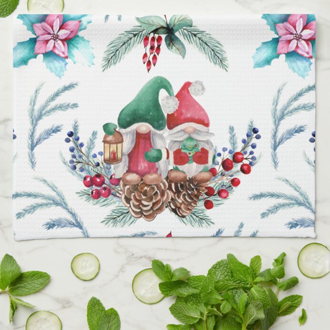 Poinsettia und Gnomes Geschirrtuch (Gefaltet)