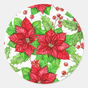 Poinsettia und Heilige Beere Weihnachten Runder Aufkleber