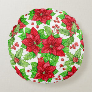 Poinsettia und Heilige Beere Weihnachten Rundes Kissen