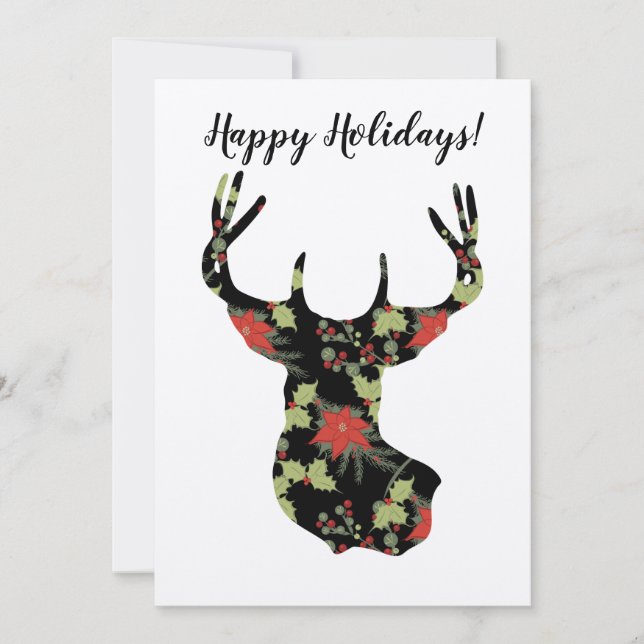 Poinsettia und Holly-Deer-Kopf rustikal Karte (Vorderseite)