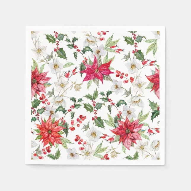 Poinsettia und Paperwhite Weihnachtsblumenmuster Serviette (Vorderseite)