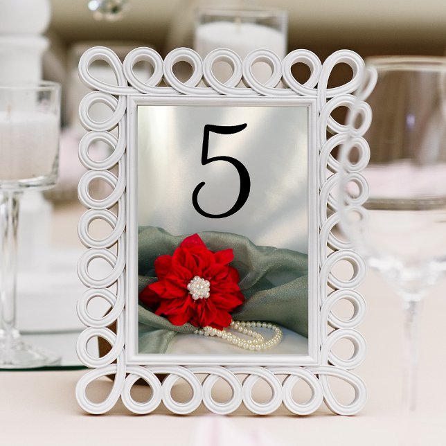 Poinsettia und Pearls Winter Wedding Tischnummern (Set a festive table at your December event with the elegant Poinsettia and Pearls Table Numbers.)