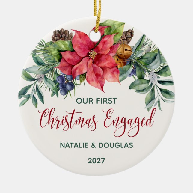 Poinsettia, Unser Verlobtes Foto zu Weihnachten Keramik Ornament (Vorne)