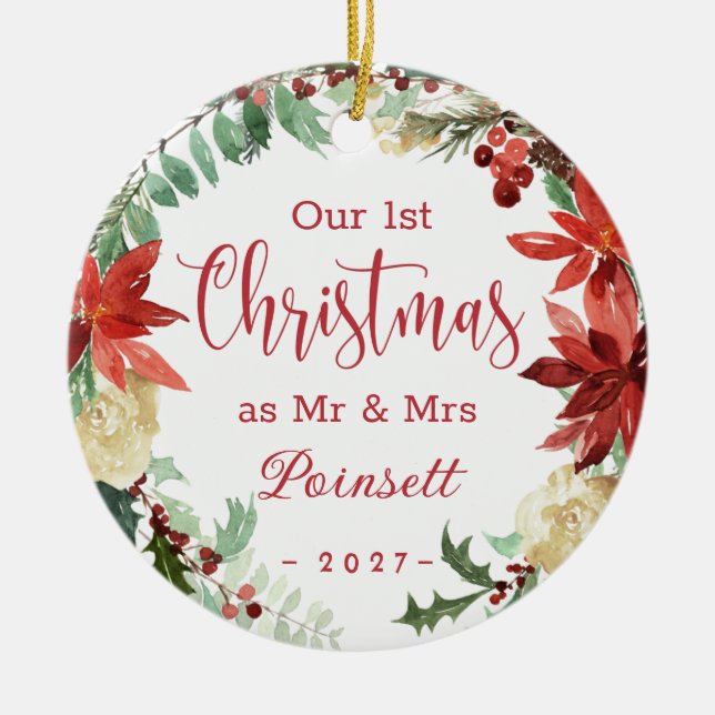 Poinsettia Unsere 1. Weihnachtsfeier als Mr. & Mrs Keramik Ornament (Vorne)