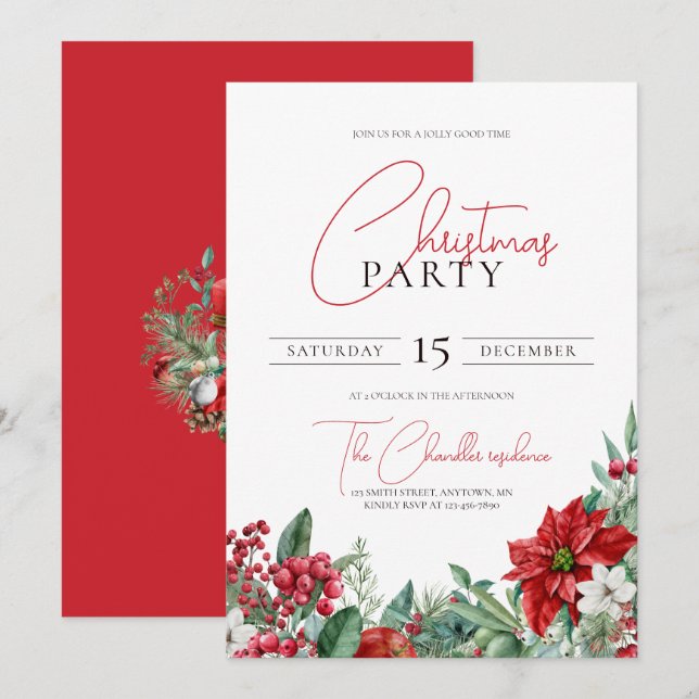 Poinsettia Watercolor Weihnachts-Party Einladung (Vorne/Hinten)