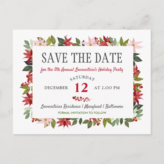 Poinsettia Weihnachtsfeier Save the Date Ankündigungspostkarte (Vorderseite)