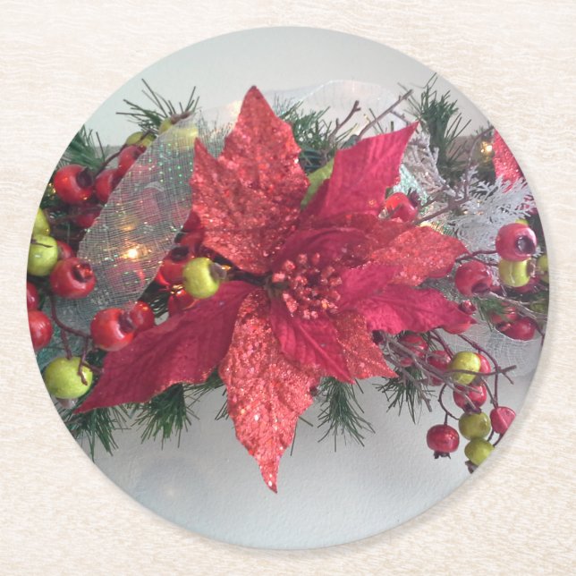 Poinsettia Weihnachtsfeierlichkeiten - Flor de Pas Runder Pappuntersetzer (Vorderseite)