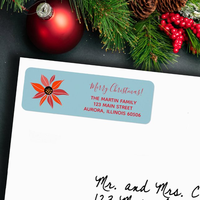 Poinsettia Weihnachtsfeiertage-Rücksendeadresse (Red poinsettia Christmas holiday return address labels)