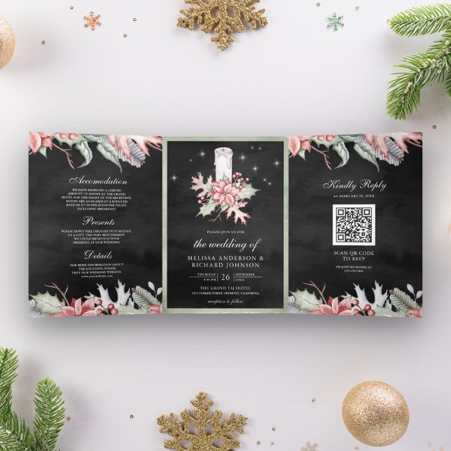 Poinsettia Weihnachtskerze QR Code Black Wedding Dreifach Gefaltete Einladung (Von Creator hochgeladen)