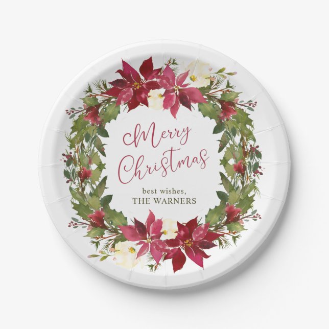 Poinsettia Weihnachtskranz Personalisiert Pappteller (Vorderseite)