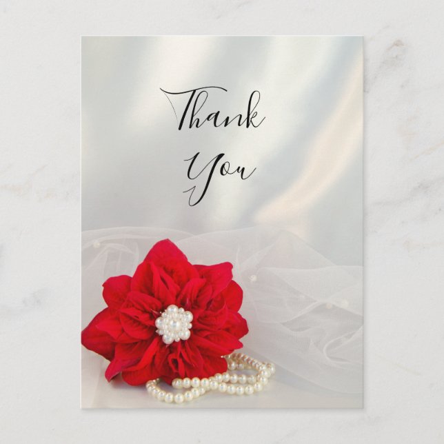 Poinsettia White Pearls Winter Wedding Vielen Dank Postkarte (Vorderseite)