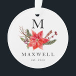 Poinsettia Winter Botanic Monogram Christmas Ornament<br><div class="desc">Eleganter Weihnachtsschmuck für eine frisch vermählte oder neue Familie mit Aquarellbild von Poinsettia mit Wintergrün. Fügen Sie Ihren Initial oben und das Foto auf der Rückseite ein.</div>