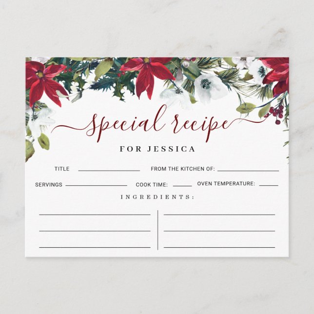 Poinsettia Winter Floral Brautparty Rezept Card Postkarte (Vorderseite)