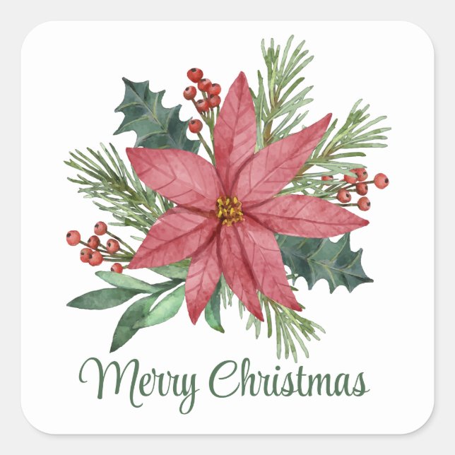 Poinsettia Winter Red Floral Frohe Weihnachten Quadratischer Aufkleber (Vorderseite)