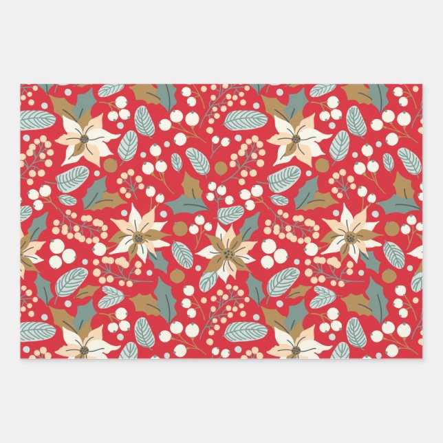 Poinsettia Winterurlaub im Hintergrund Geschenkpapier Set (Vorderseite)