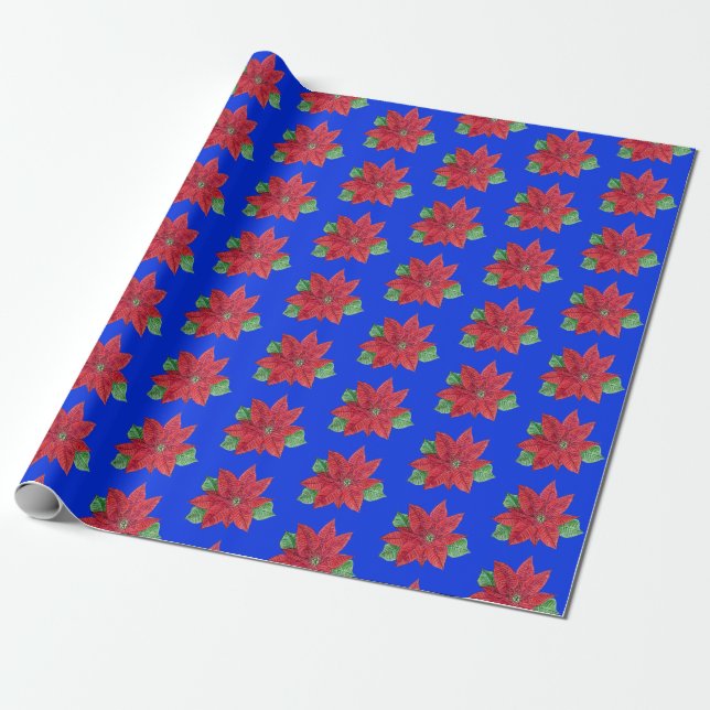 Poinsettia Wrapping Paper - Blauer Hintergrund Geschenkpapier (Ungerollt)