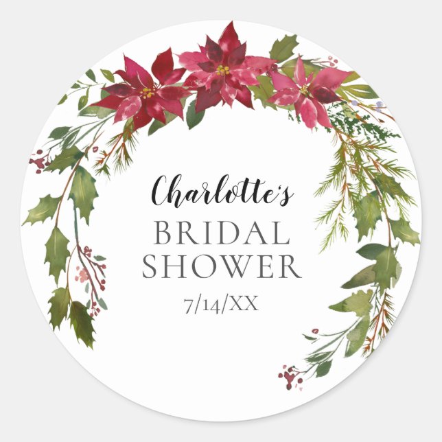 Poinsettia Wreath Brautparty Runder Aufkleber (Vorderseite)