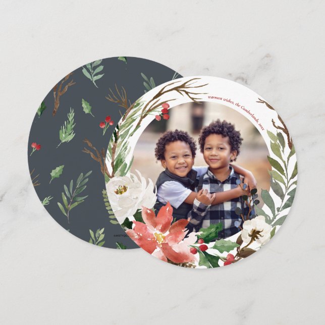 Poinsettia Wreath Carte photo de Noël (Devant / Derrière)