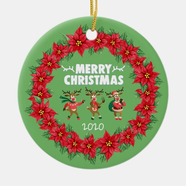 Poinsettia Wreath Dancing Reindeer Frohe Weihnacht Keramik Ornament (Vorne)
