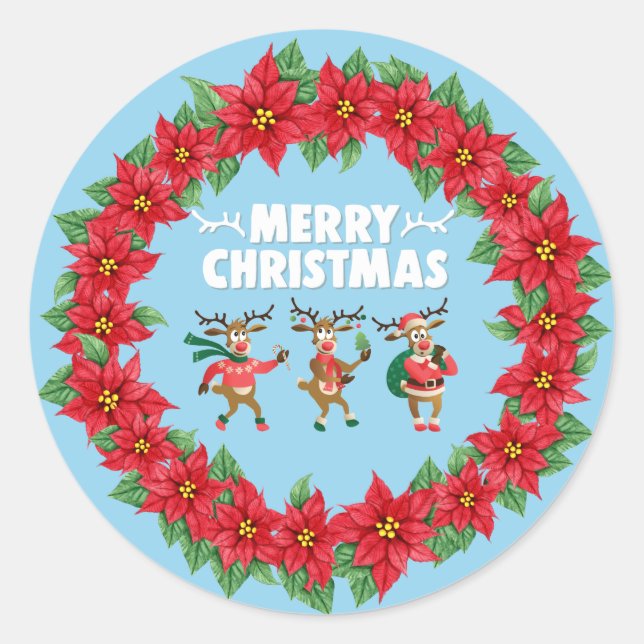 Poinsettia Wreath Dancing Reindeer Frohe Weihnacht Runder Aufkleber (Vorderseite)
