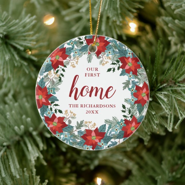 Poinsettia Wreath Personalisiert unsere ersten Zuh Keramik Ornament (Baum)