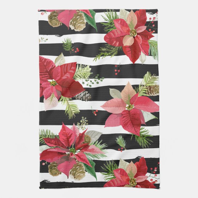 Poinsettias auf schwarz, weiß Streifen Küchentüche Handtuch (Vertikal)