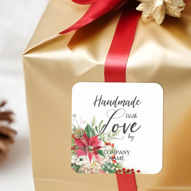 Poinsettias Bouquet Whimsical Handmade mit Liebe Quadratischer Aufkleber (Christmas Poinsettias Bouquet Whimsical Handmade with Love Quote Square Stickers.)