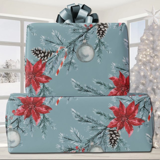 Poinsettias Christmas Blue Spruce Garland Blue Geschenkpapier (Von Creator hochgeladen)