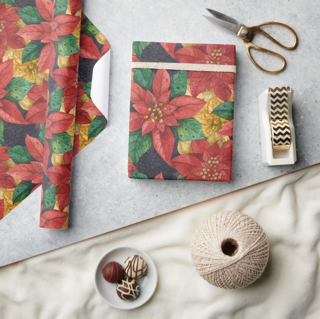 Poinsettias Floral Christmas Geschenkpapier (Kunsthandwerk)