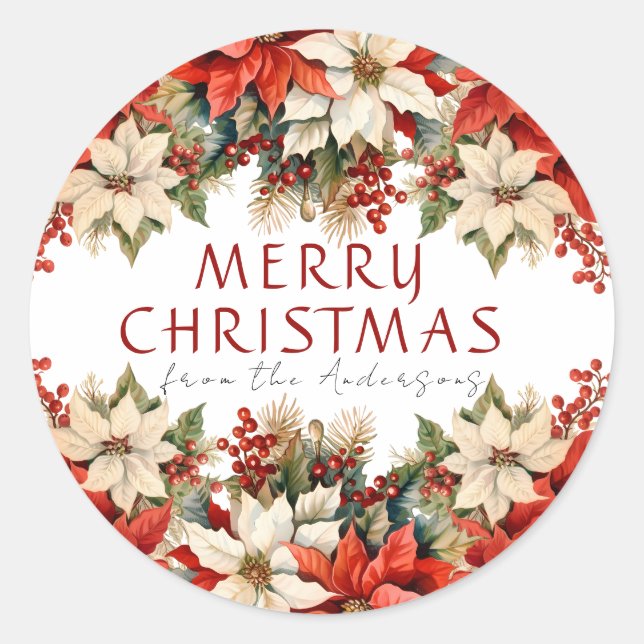 Poinsettias Frohe Weihnachten Runder Aufkleber (Vorderseite)