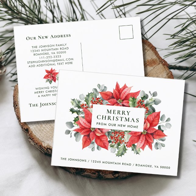 Poinsettias Frohe Weihnachten von New Zuhause Ankündigungspostkarte (Red Poinsettias Merry Christmas from Our New Home Holiday Moving Announcement Postcard)