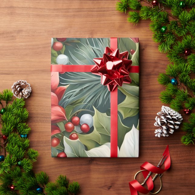 Poinsettia's & Holly Berries Geschenkpapier (Feiertagsgeschenk)