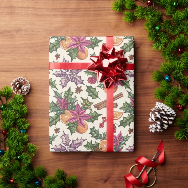 Poinsettias, Orangen, Weihnachtsmuster Berry Geschenkpapier (Feiertagsgeschenk)