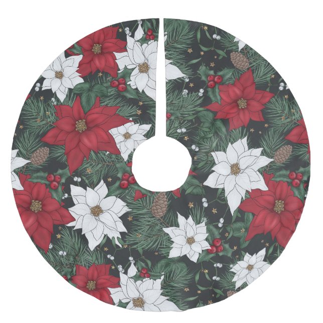 Poinsettias & Pine in Deep Holiday Hues Polyester Weihnachtsbaumdecke (Vorderseite)