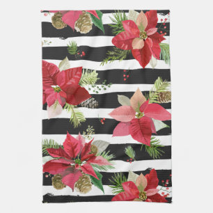Poinsettias sur Noir, Blancs Serviettes de cuisine