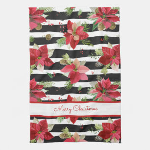 Poinsettias sur Noir, Blancs Serviettes de cuisine