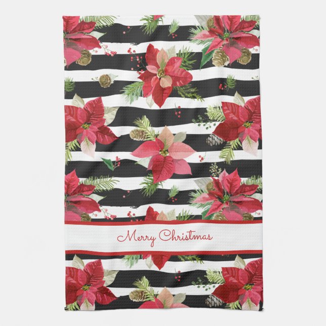 Poinsettias sur Noir, Blancs Serviettes de cuisine (Vertical)
