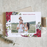 Poinsettias und Fir Blätter Frohe Weihnachts-Foto Feiertagskarte<br><div class="desc">Frohe Weihnachten! Senden Sie mit dieser individuell gestaltbaren Aquarell-Fotokarte Urlaubswünsche und Grüße an Familie und Freunde. Es verfügt über Aquarellpinekone,  Kiefernnadeln,  Hole,  Beeren und rote Poinsettien. Personalisieren Sie diese durch Hinzufügen von Namen,  Nachrichten,  Fotos und anderen Details. Diese blumengeschmückte Weihnachtskarte ist auch in anderen Kisten erhältlich.</div>
