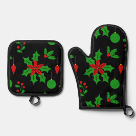 Poinsettias und Hollies in Schwarz Ofenhandschuh & Topflappen-Set