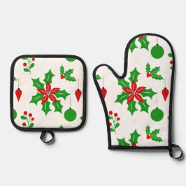Poinsettias und Hollies in Weiß Ofenhandschuh & Topflappen-Set