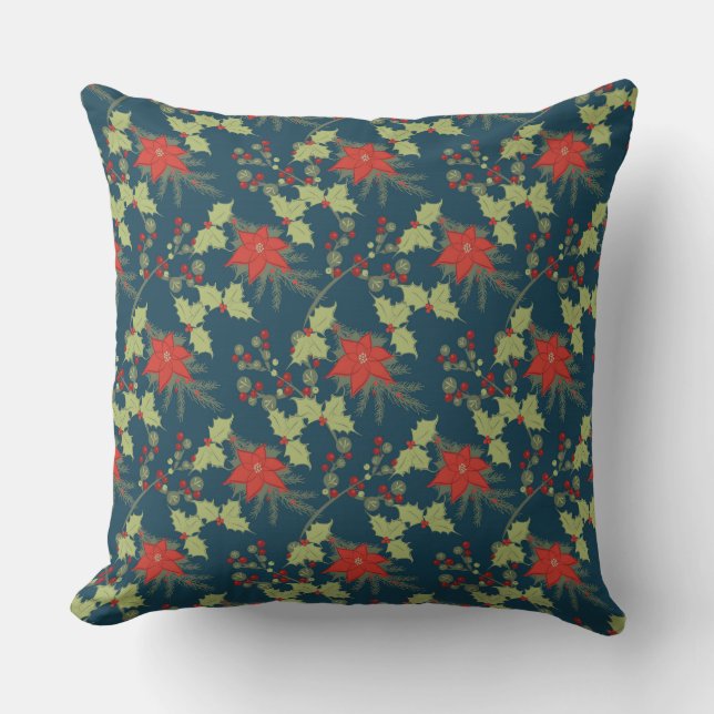 Poinsettias und Holly Christmas Pattern Kissen (Vorderseite)