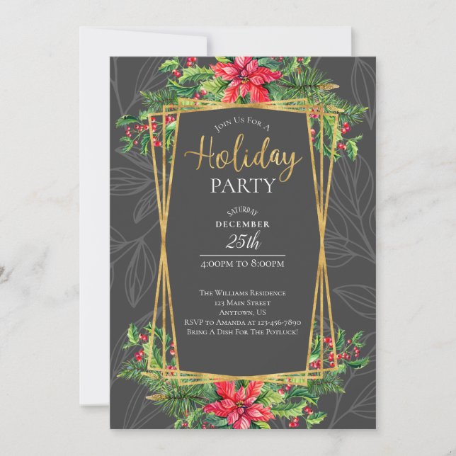 Poinsettias und Holly Red Gray Holiday Party Einladung (Vorderseite)