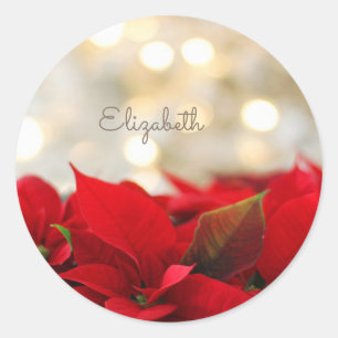 Poinsettie, Glänzende Gold-Schneeflocken- Personal Runder Aufkleber