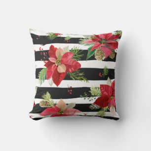 Poinsettien auf schwarz, weiße Streifen Kissen